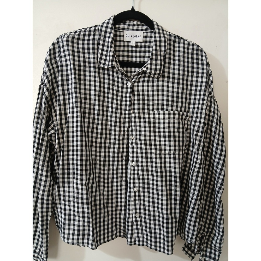 Olive + Oak Womens Gingham Button Down Shirt Black White Rayon Relaxed Fit Med